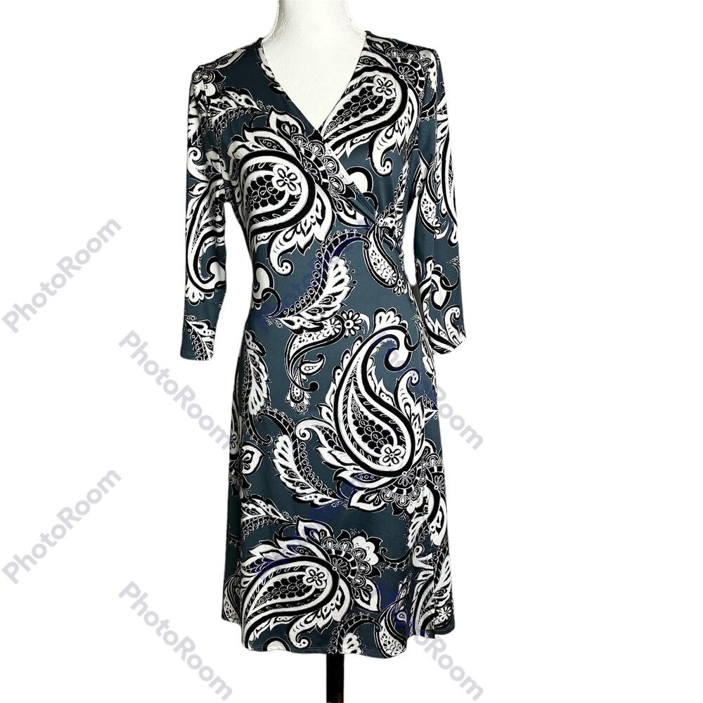Lularoe Womens SZ M Midi Full Wrap Dress Gray Black & White Paisley, 3/4 Sleeve